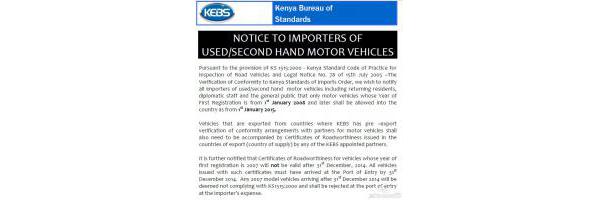KEBS Notice for Car Importation from 2015 articles