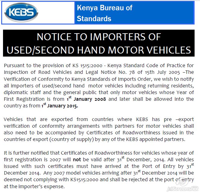 KEBS Notice for Car Importation from 2015
